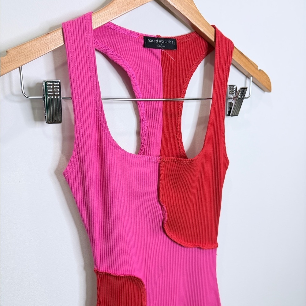 Naked Wardrobe Rib Pink & Red Colorblock Racerback Midi Dress - Picture 3 of 7